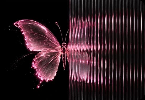 A luminous butterfly reflected through a rippled glass panel