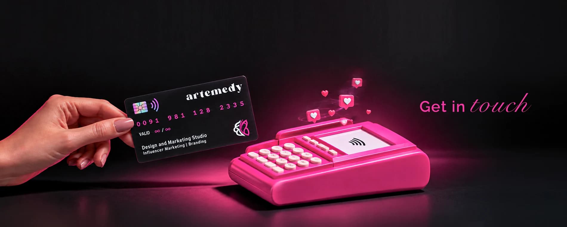 A hand holding an Artemedy card over a pink payment terminal - Get in touch