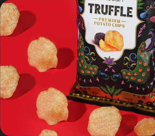 Truffle potato chips pack shot on red